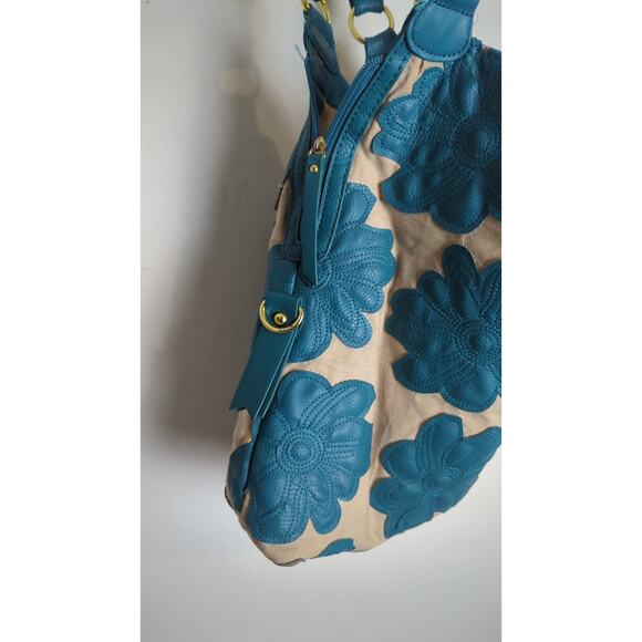 Large Turquoise Big Buddha Tan Canvas Floral Patchwork Tote Shoulder Bag - Picture 6 of 8